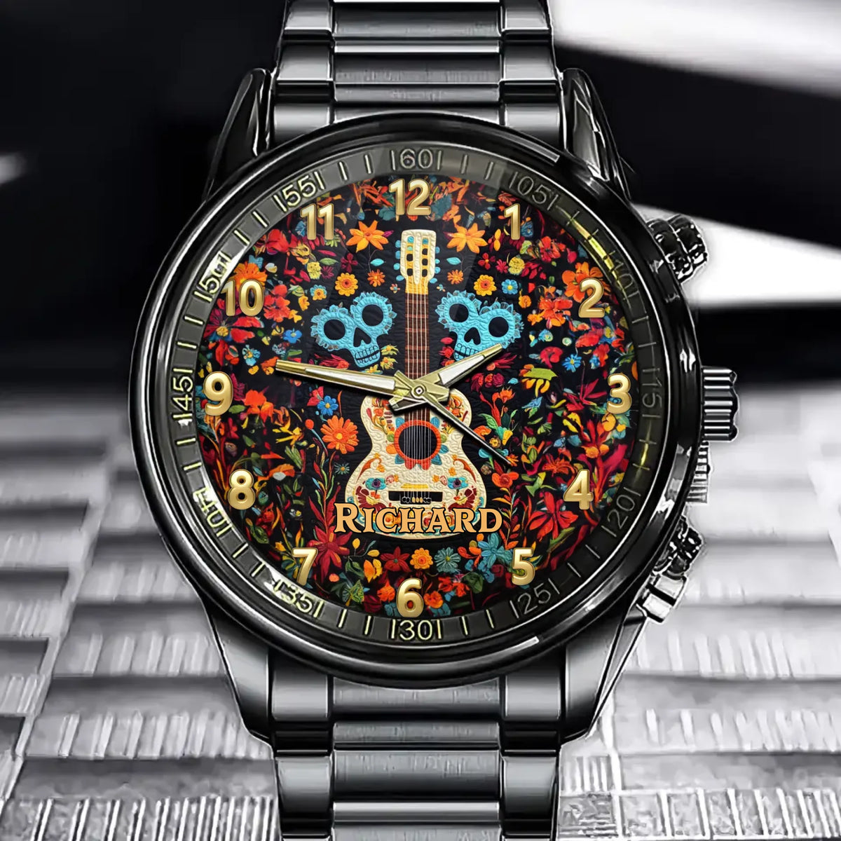 Personalized Day of the Dead Watch with Colorful Skull and Guitar Design