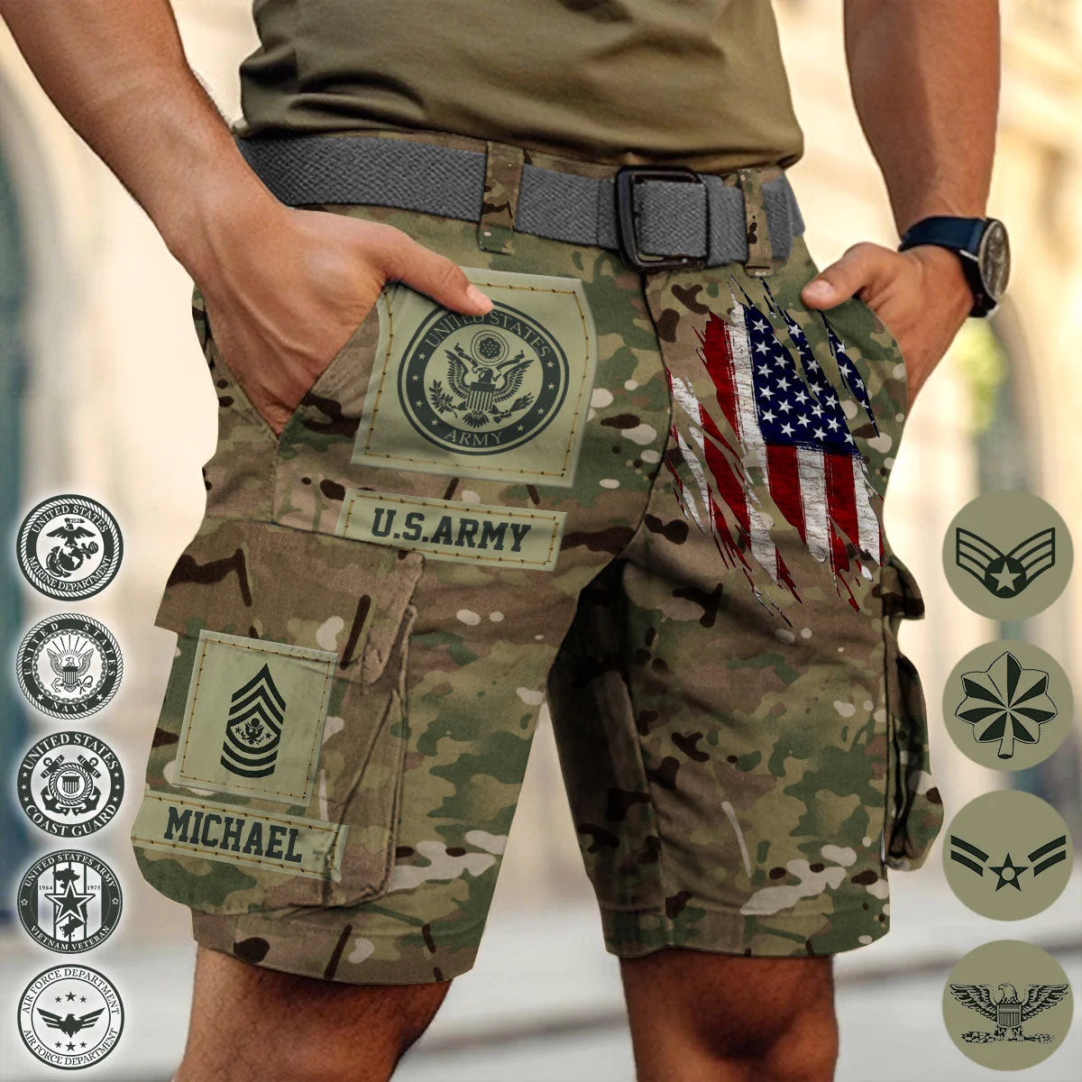 Custom Military Cargo Shorts - Honor Your Service with Branch, Rank, and Name