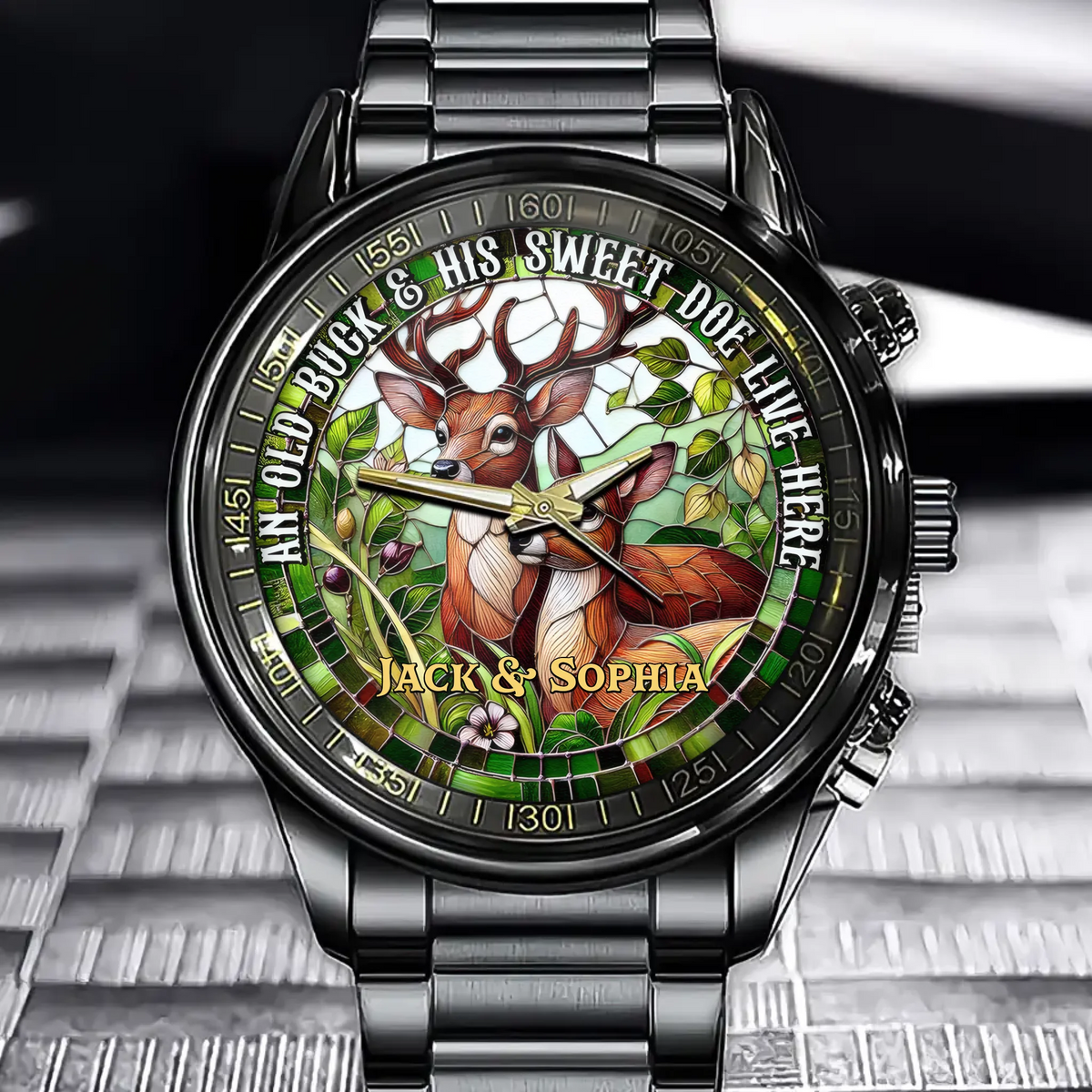 Personalized Deer Couple Stained Glass Print Style Watch – Deer Hunting Couple Live Here