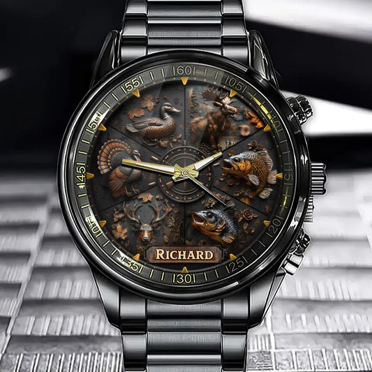 Personalized Hunting Life & Fishing Watch – Custom Name Outdoor Enthusiast Gift