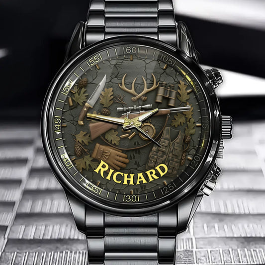 Personalized Hunting Theme Watch - Custom Rifle, Antlers & Hunting Gear Design for Hunting Enthusiasts