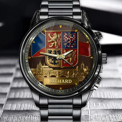 Personalized Czech Republic Heraldic Watch - Custom Engraved Name & National Coat Of Arms Themed Timepiece