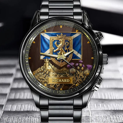 Personalized Proud Scotland Watch - Scottish Crest & Thistle Dial with Custom Name Option