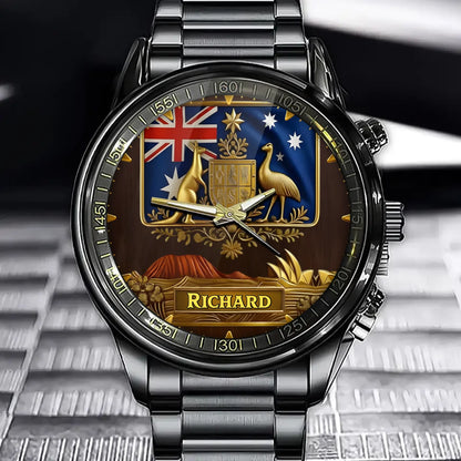 Personalized Australian National Emblem Watch - Flag & Native Wildlife Motif with Custom Name