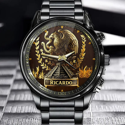 Personalized Mexican Eagle Pyramid Watch - Emblem Dial with Custom Name