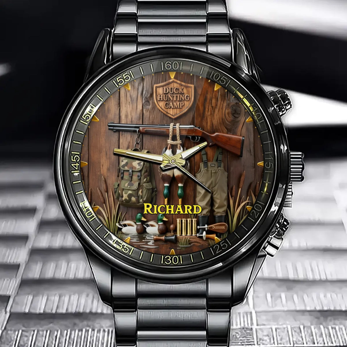 Personalized Hunting Camp Watch - Duck & Rifle Gear Design with Custom Name