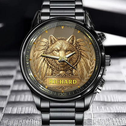 Personalized Wolf Head Watch – Custom Name Plaque, Bold Statement Style