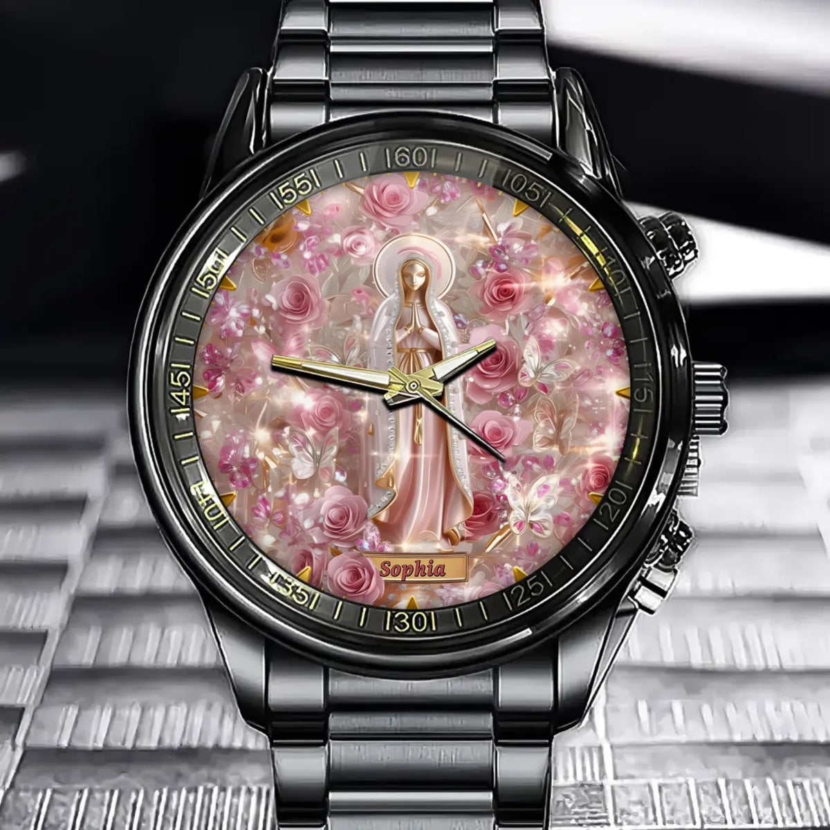 Personalized Virgin Mary Watch – Custom Name Dial, Pink Rose Floral Faith Gift