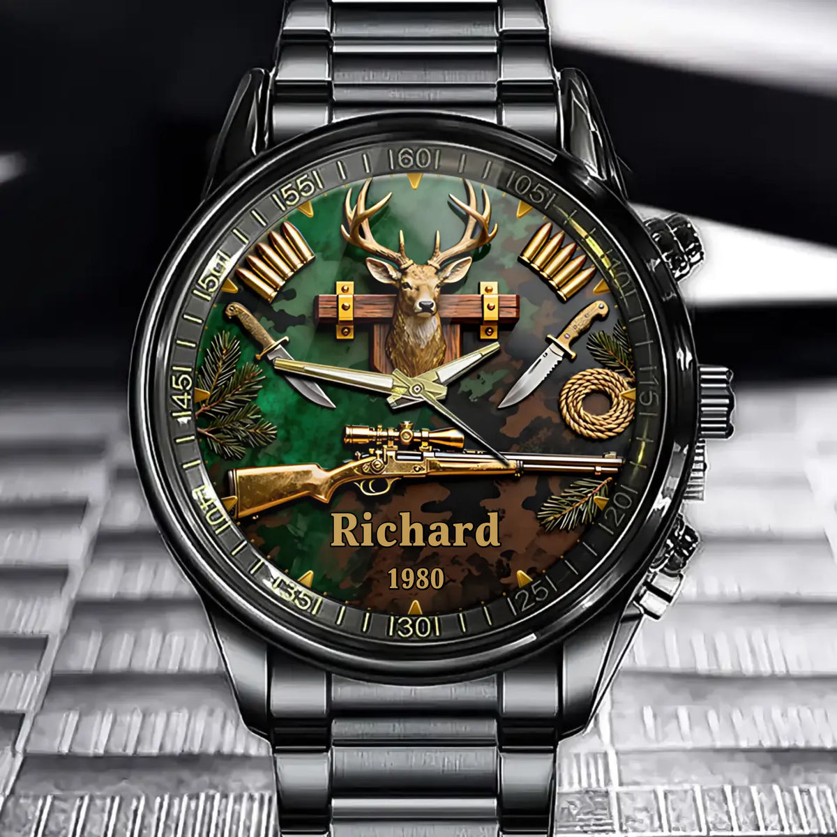 Personalized Hunting Watch – Custom Name & Year Dial, Camo Deer Head Rifle Design Gift