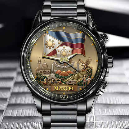 Personalized Philippines Heritage Watch – Custom Name With Flag and National Emblem