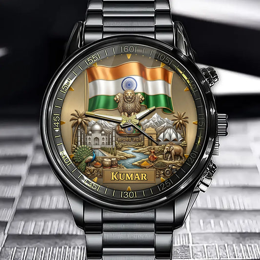 Personalized India Heritage Watch – Custom Name With Flag and National Emblem