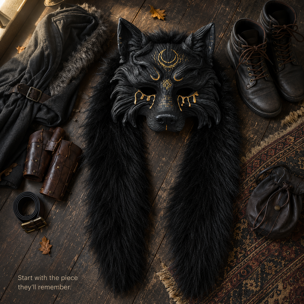 45% OFF🔥Viking Wolf Headdress – Black & Gold Werewolf Mask for Halloween, LARP & Cosplay